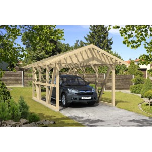 Skan Holz Carport Schwarzwald mit Rückwand, Naturholz, 424x600 cm. Auto steht im Carport.
