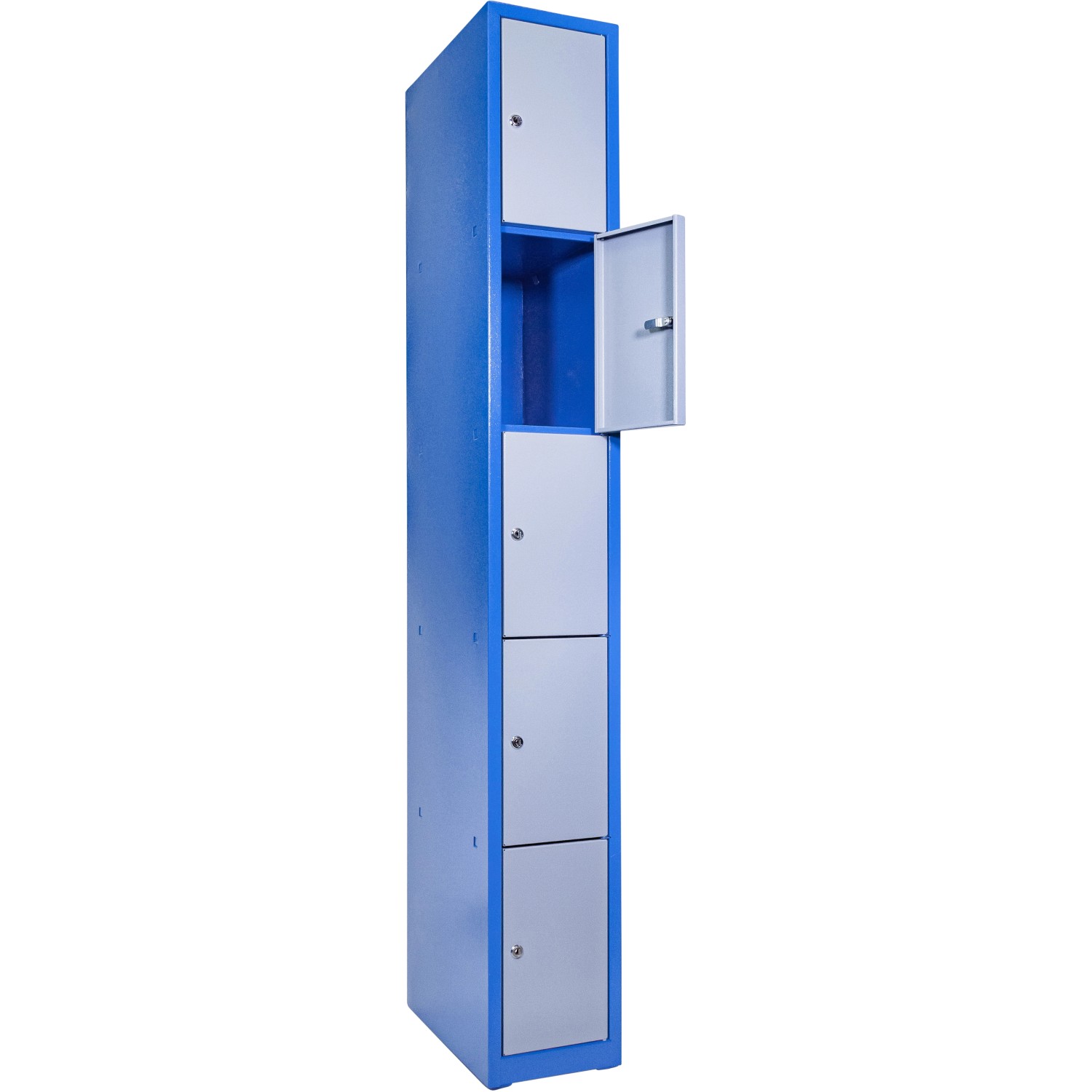 Blaue Güde Schließfachsäule mit 5 Fächern, davon eins geöffnet, für Werkzeug und mehr.