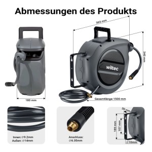 Wiltec Druckluft-Schlauchtrommel 15m, grau, mit Halterung und Anschlussdetails.