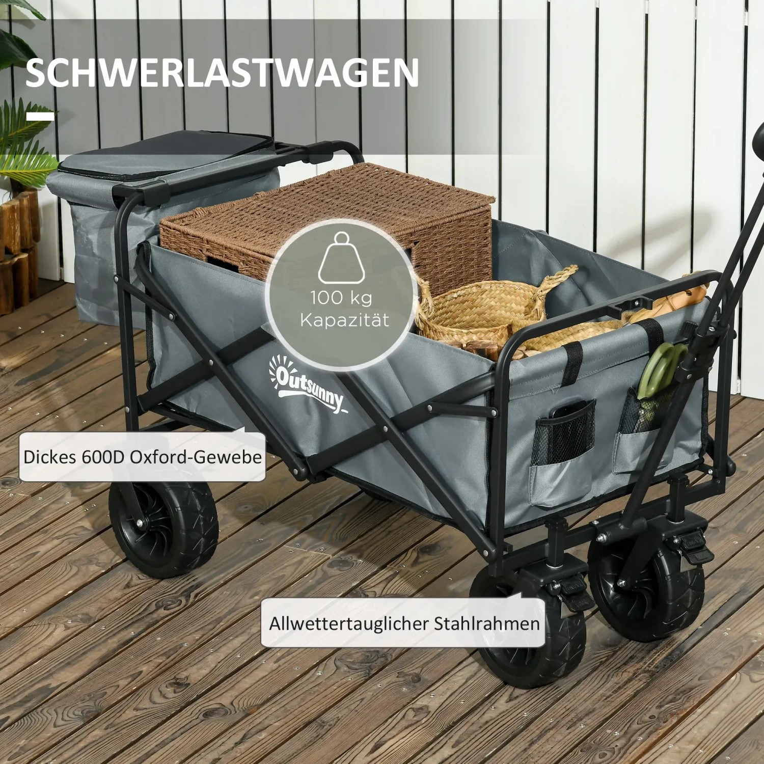 Outsunny Gartenwagen, grau, mit Kühltasche, Stahlrahmen und Oxford-Gewebe. Ideal für den Transport im Garten.