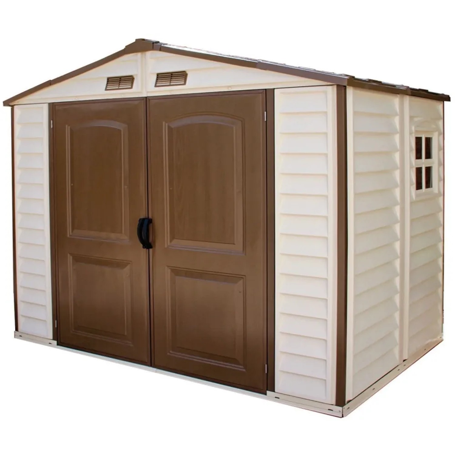 Duramax Kunststoff-Gartenhaus StoreAll, beige, 3,9 m², mit Doppeltür und Fenster.