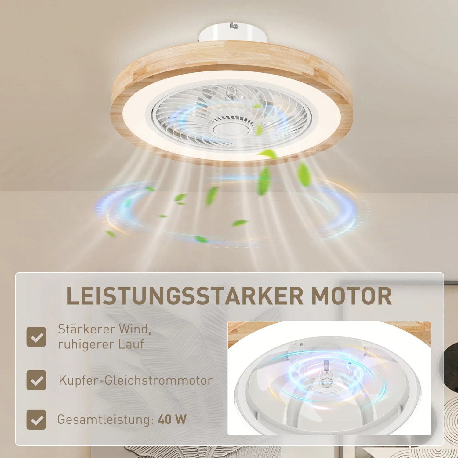 HOMCOM Deckenventilator mit LED-Beleuchtung und Fernbedienung, Holzoptik.