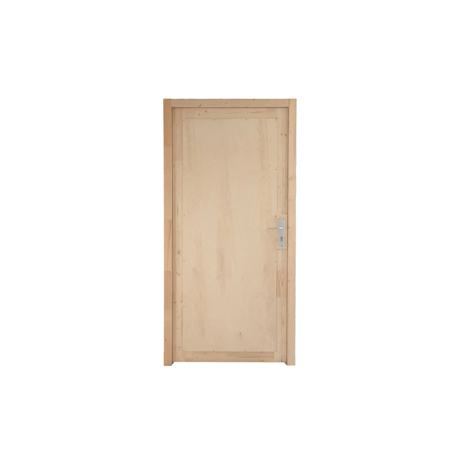 Helle Holztür mit silbernem Griff für den Abstellraum des Skan Holz Carports Emsland.