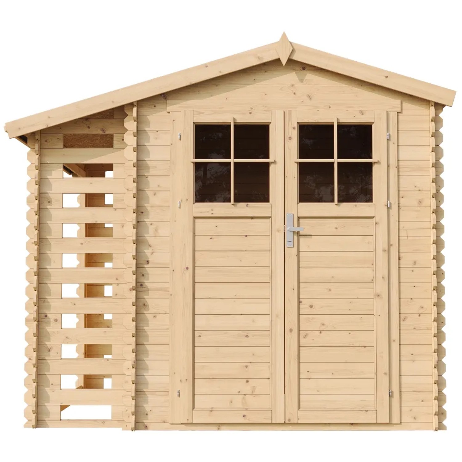 Timbela Holz-Gartenhaus mit Brennholzregal, 4,5 m², unbehandeltes Holz mit Doppeltür.