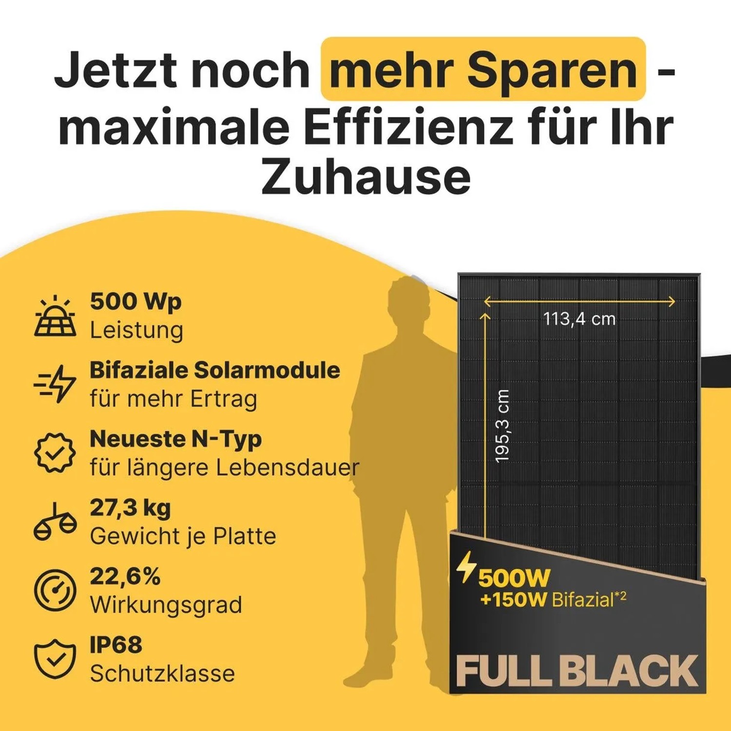 Solakon 500W Full Black Solarmodul: Bifaziales Glas-Glas N-Type Panel für Balkonkraftwerk & Dach.
