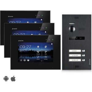 Balter EVO Video-Türsprechanlage für Dreifamilienhaus: 3 schwarze 7-Zoll-Monitore und dunkle Türstation mit Kamera für Sicherheit.