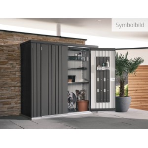 Biohort Geräteschrank Gr. 150 dunkelgrau-metallic, offen mit Regalen und Ordnungssystem für Gartenutensilien.