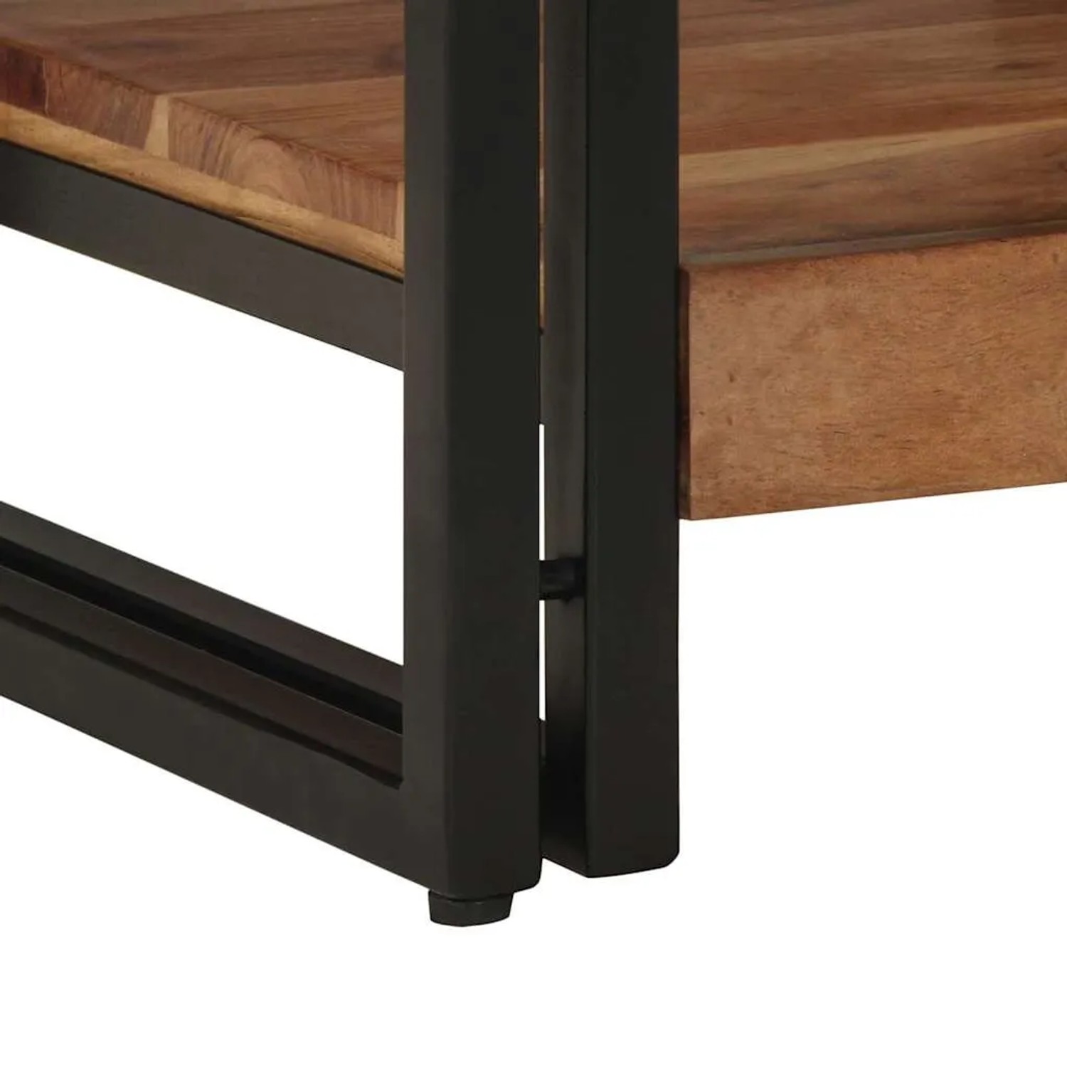 Detailansicht des braunen vidaXL Couchtisches: Akazienholz-Regal auf schwarzem Metallgestell.