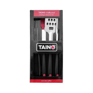 Taino Grillbesteck Set 4-tlg. aus Edelstahl mit rotem Silikonpinsel in Verpackung. Grillzubehör für BBQ.
