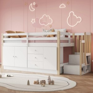 Merax Kinderhochbett 90x200 mit Treppe mit Schubladen Stauschränken mit Wäschestange Weiß