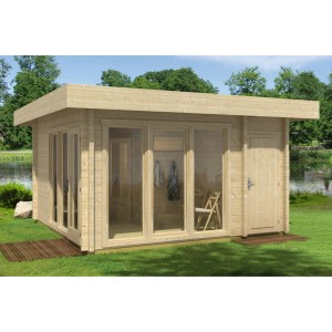 Finntherm Gartensauna Cubus-70 E aus Holz mit Flachdach und Fensterfront.