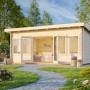Palmako Gartenhaus Lisa, 530x380 cm, grau-weiß lackiert, mit Doppeltür und Fenstern.
