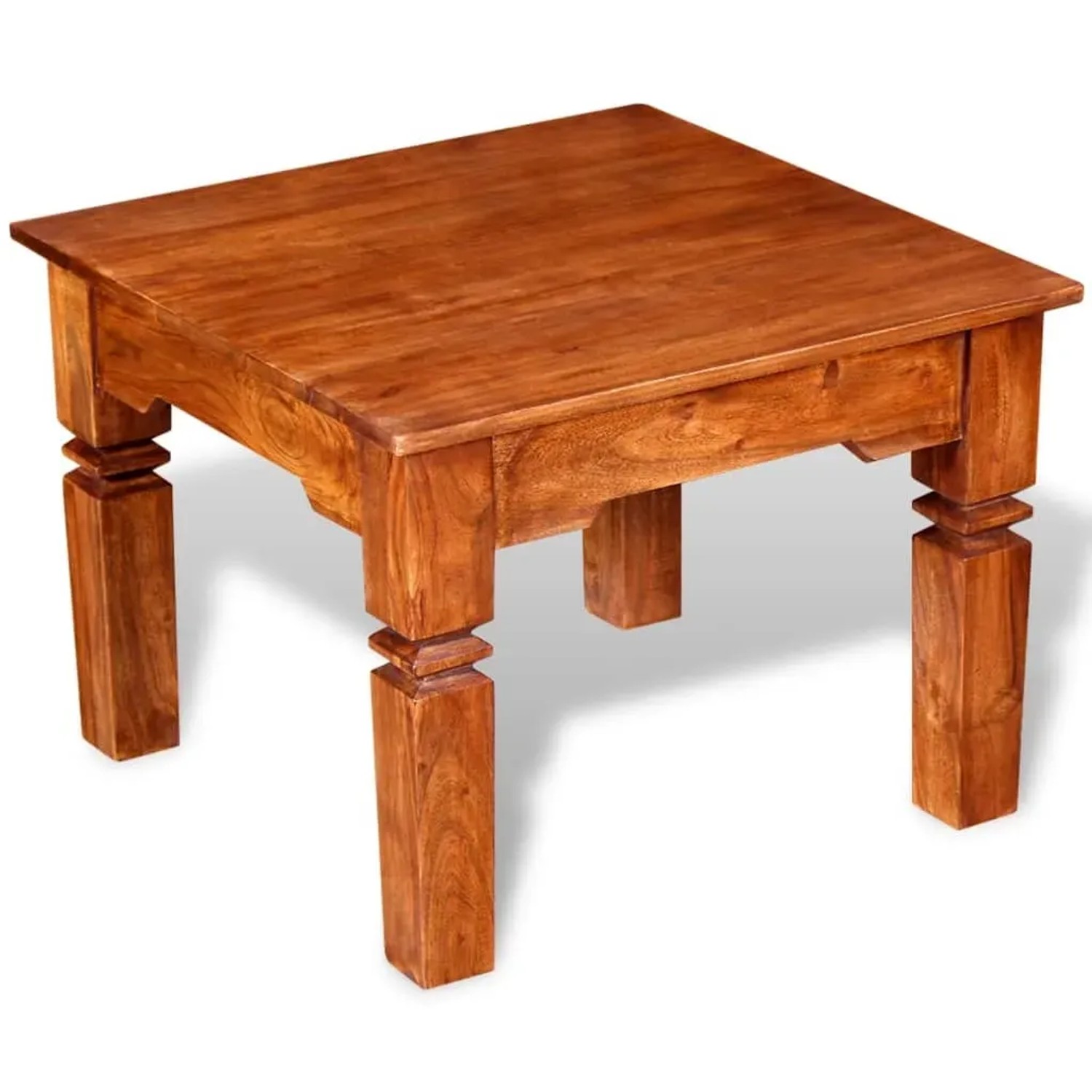 Quadratischer Couchtisch aus Akazienholz, honigfarben lasiert, für Wohnzimmer und mehr.