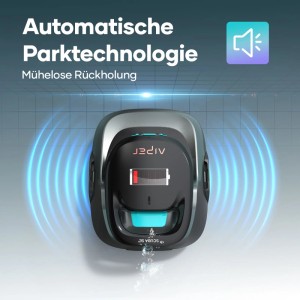 Aiper Poolroboter Scuba SE mit leerem Akku parkt automatisch an der Poolwand. Kabelloser Poolreiniger für mühelose Rückholung.