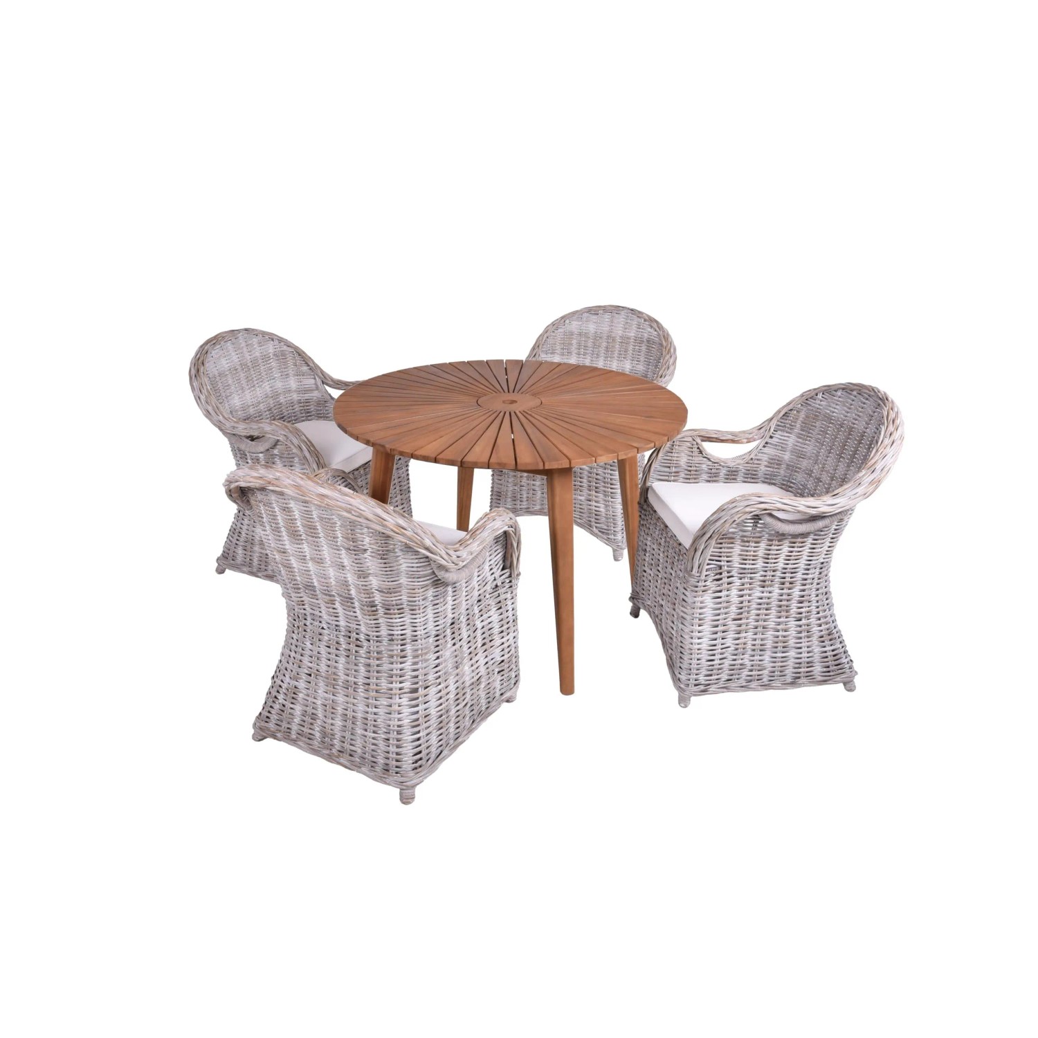 DELUKE Garten-Sitzgruppe ELODIE 5-tlg. Rattan Akazie Grau Gartenmöbel-Set Garten-Essgruppe Stühle Esstisch