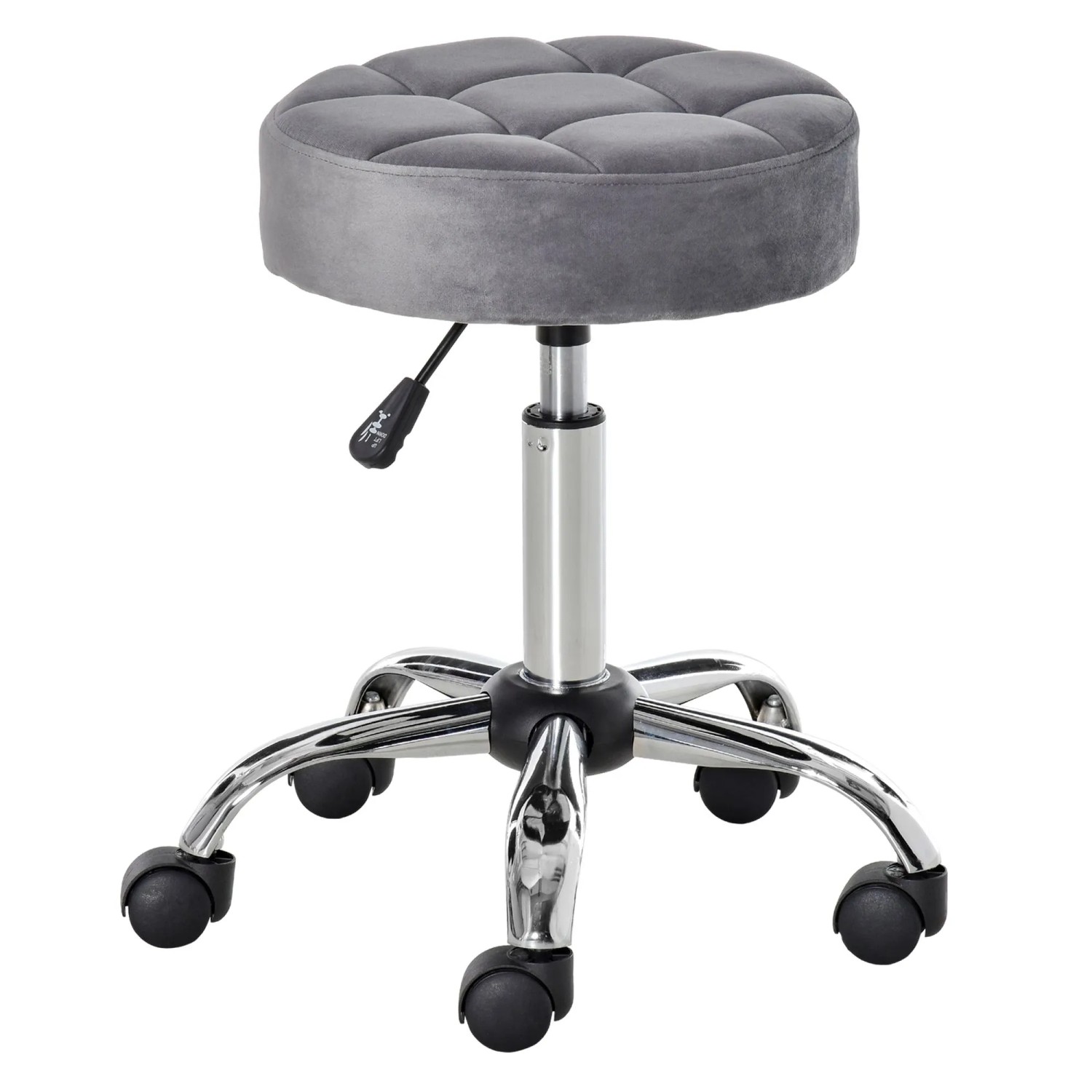 HOMCOM Rollsitz Rollhocker höhenverstellbar drehbar Samt-Touch Chrom-Basis (Drehhocker, 1 St., Rollhocker), Hellgrau Ø35 x 49-61 cm
