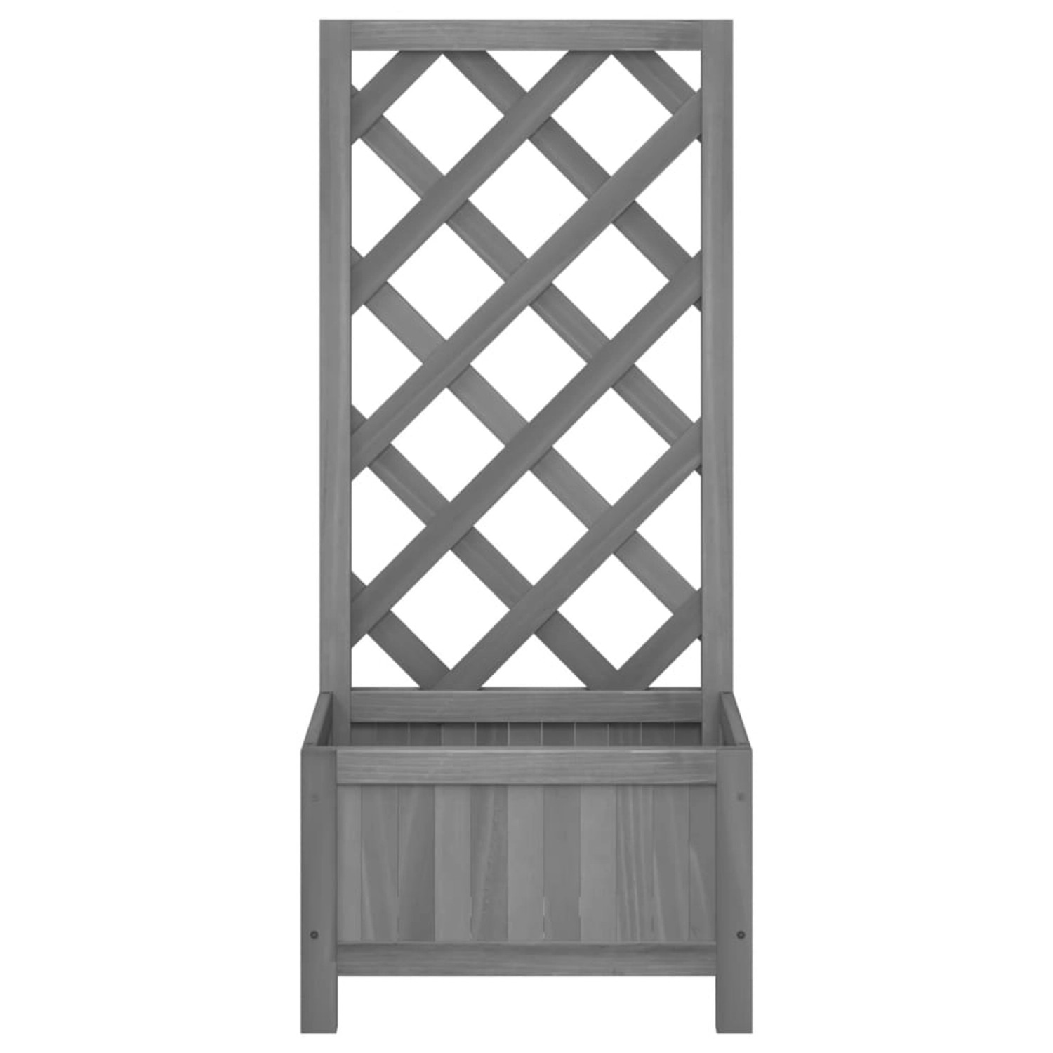 Grauer vidaXL Pflanzkübel mit Spalier aus Tannenholz für Kletterpflanzen im Garten.