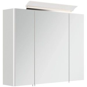 Weißer Hochglanz Spiegelschrank 80 cm mit 3 Spiegeltüren und moderner LED-Lampe.