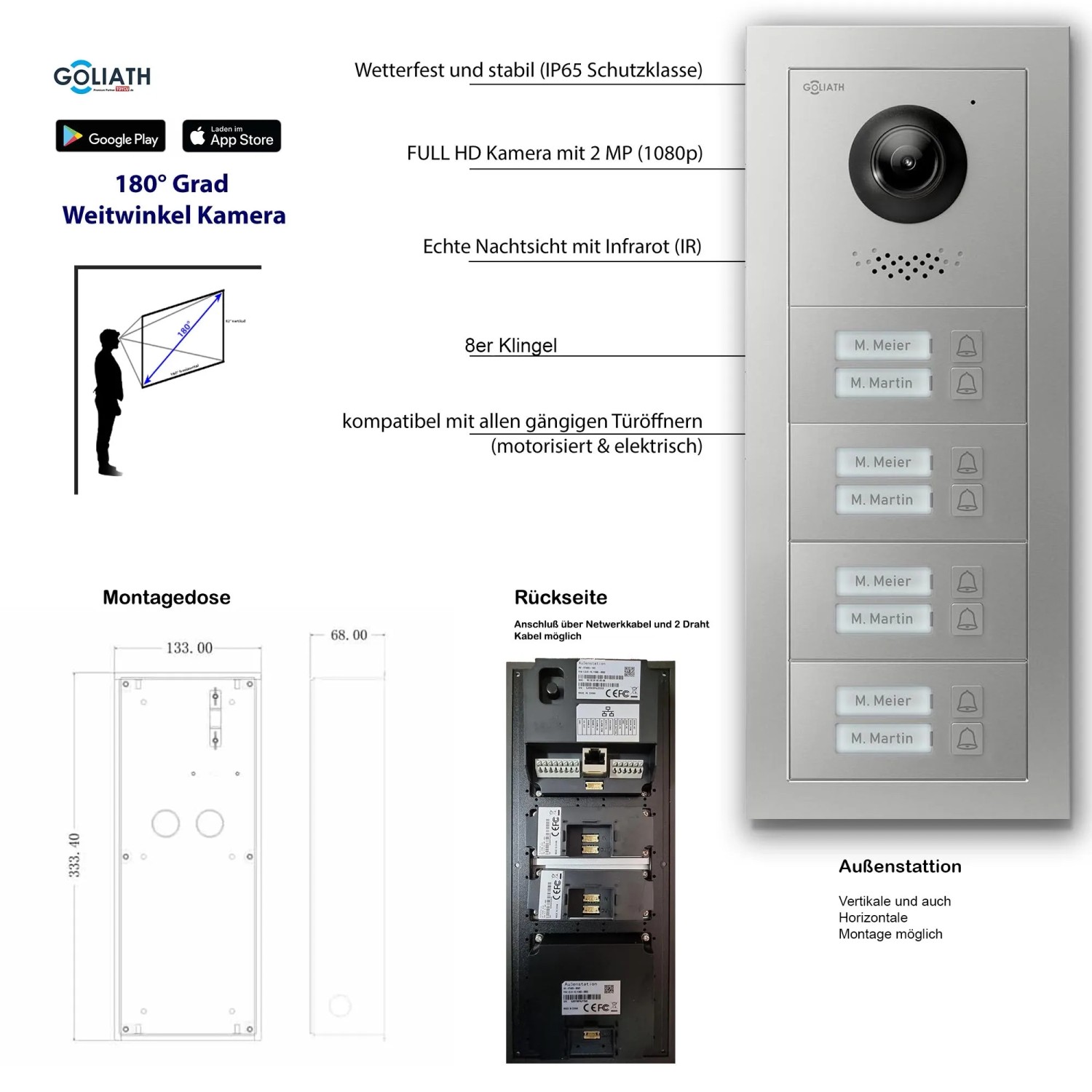 Goliath Video Türklingel für 8 Familien, 7 Zoll, Weiß/Silber, Unterputz. Komplettset mit App-Steuerung.