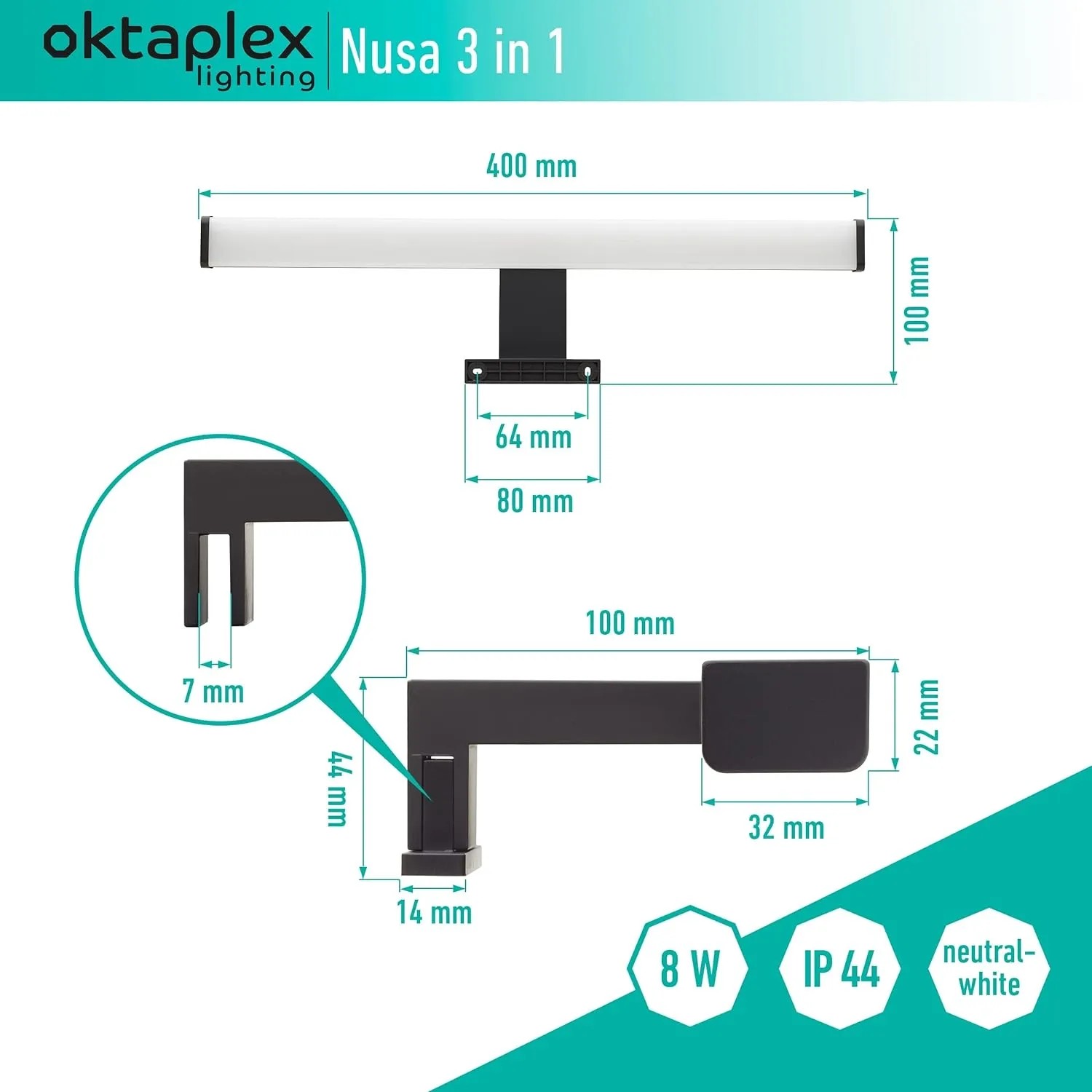 Oktaplex LED-Spiegelleuchte 40cm, schwarz, Neutralweiß (4000K), Maße und Details.