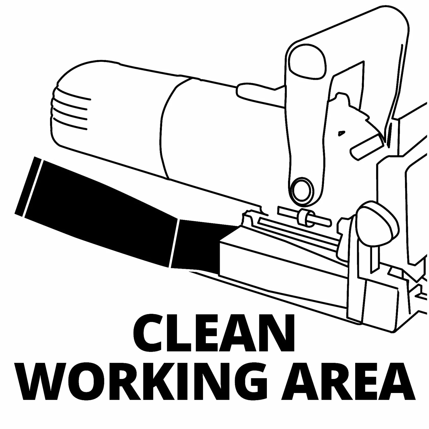 Skizze einer Einhell Flachdübelfräse TC-BJ 900 mit Staubfangsack und dem Text "Clean Working Area".