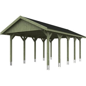 Satteldach-Carport Wallgau mit schwarzen Schindeln, Holzkonstruktion mit 10 Pfosten.