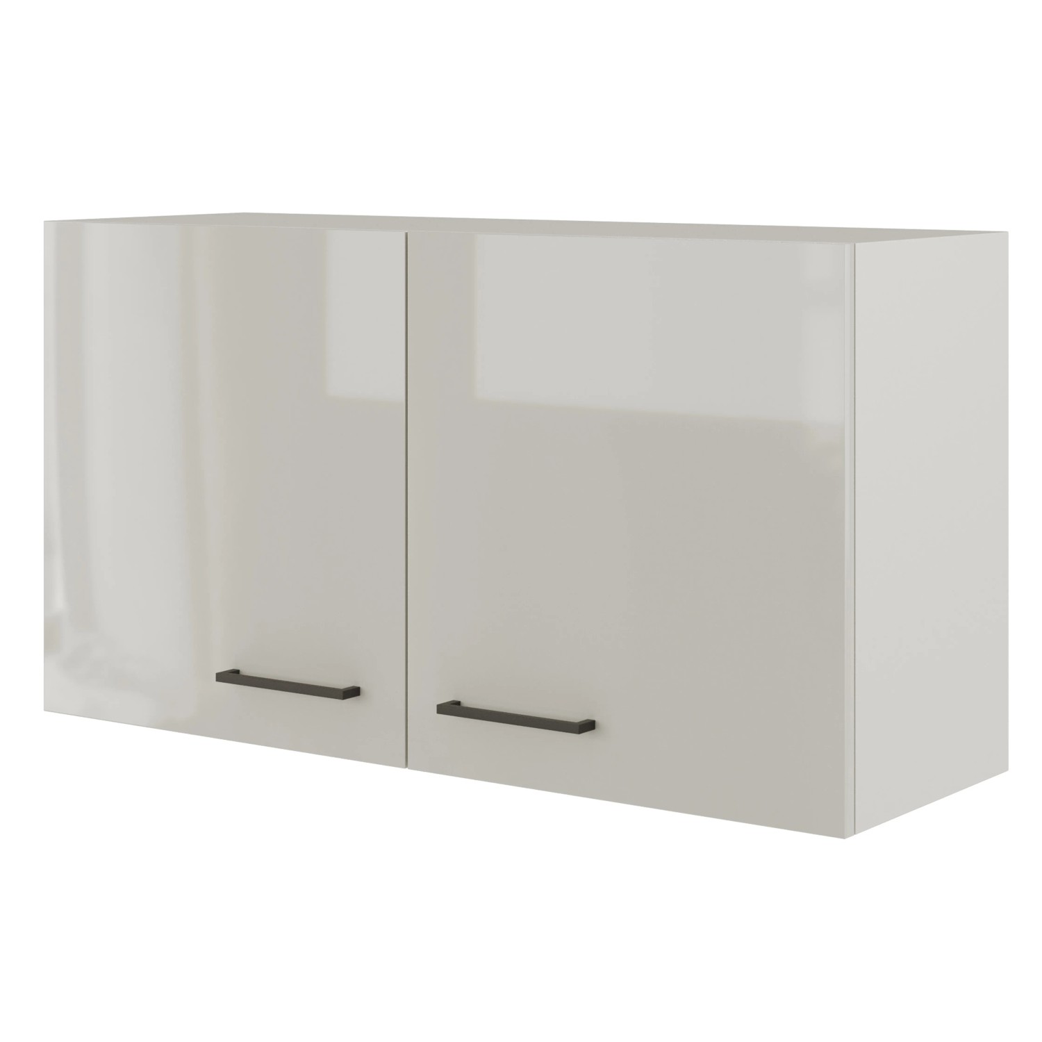 Flex-Well Oberschrank Lund, 100 cm, lichtgrau glänzend mit Rauchgrau, zwei Türen und schwarzen Griffen.