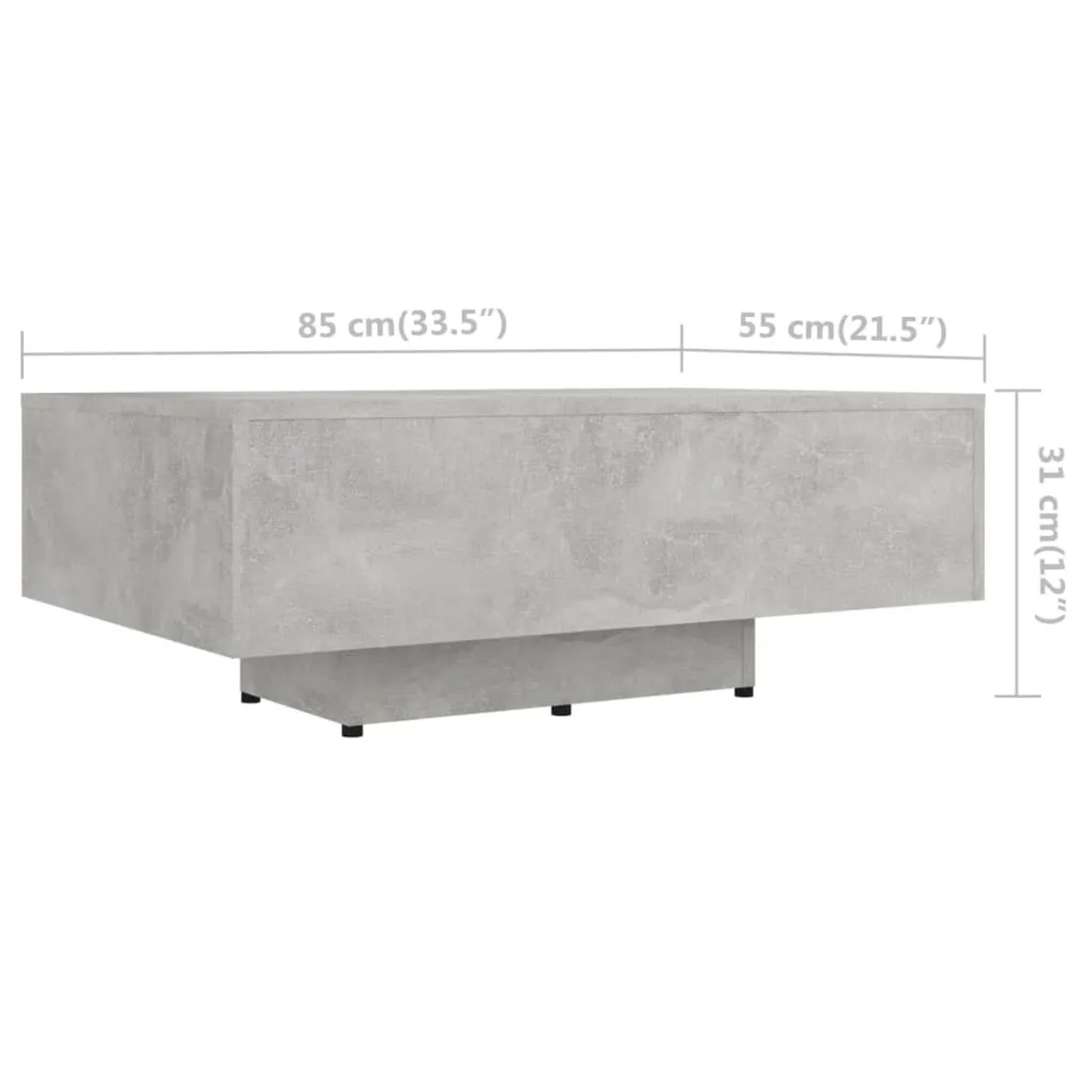Moderner, betongrauer Couchtisch (85x55x31 cm) aus Holzwerkstoff für das Wohnzimmer.