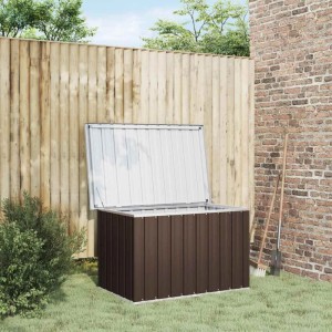 Braune Furnicato Gartenbox (109x67x65 cm) zur Aufbewahrung von Gartengeräten und Kissen.