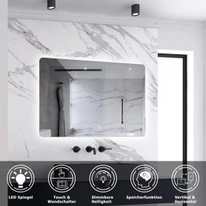 Aica Sanitär Badspiegel 80x60 cm Spiegel mit LED Beleuchtung Touch Wandschalter Kaltweiß Dimmbar Memory Wandspiegel Badezimmerspiegel