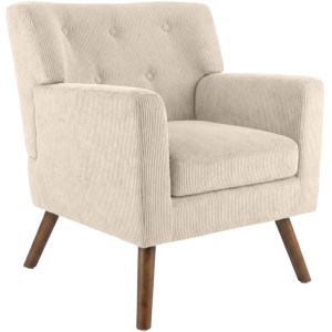Cremefarbener CLP Sessel Kioni mit Cordbezug, Knopfheftung und Holzbeinen. Bequemer Loungesessel für Wohnzimmer.