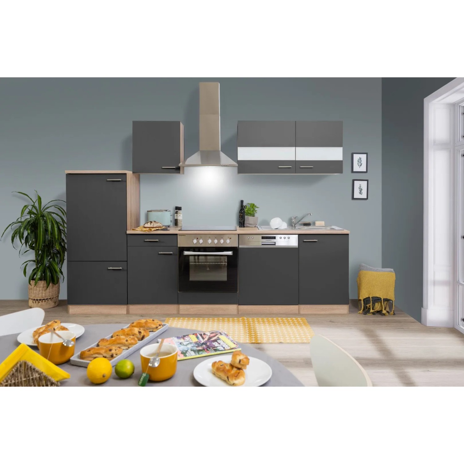 Respekta Küchenzeile KB280ESGC 280 cm Grau-Eiche Sägerau Nachbildung