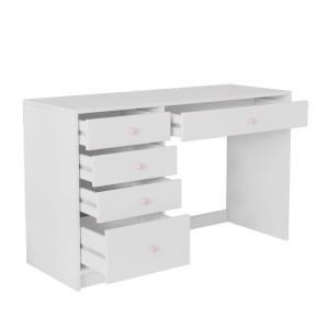 Weißer Schreibtisch aus MDF mit fünf teilweise geöffneten Schubladen und rosa Griffen. Ideal für Kinderzimmer oder Homeoffice.