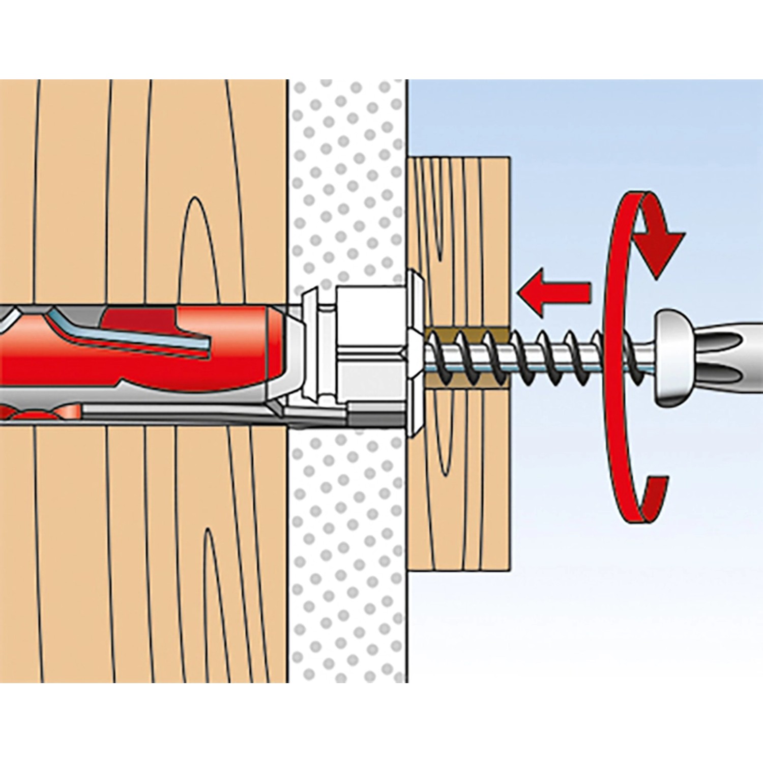 Fischer Duotec Kippdübel 10 S mit Schraube, Anwendung in Gipskartonwand mit Drehbewegung.
