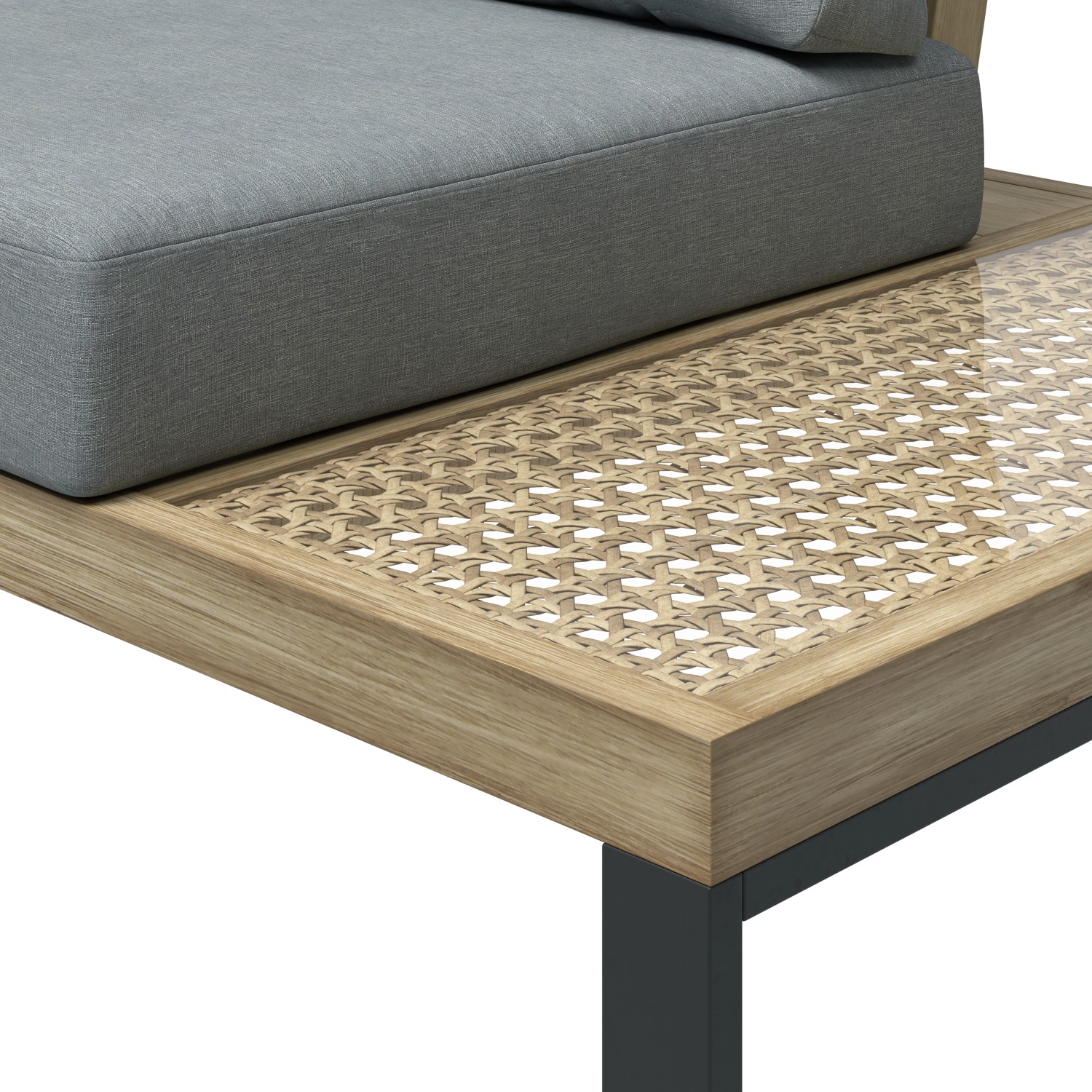 Detailaufnahme: Graues Lounge-Set Calora mit Rattangeflecht und Aluminiumrahmen.