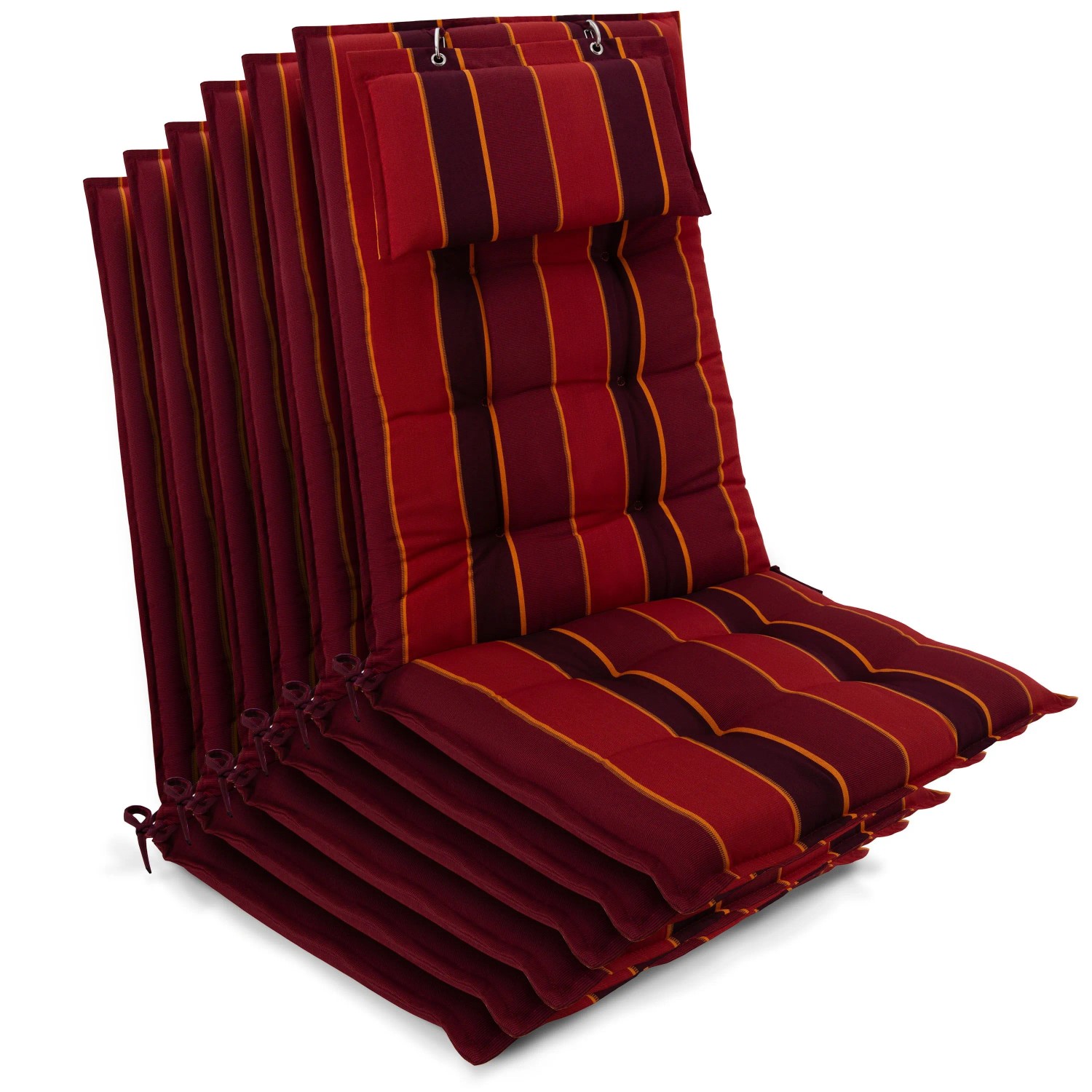Beautissu 6er Set Sun-HL Hochlehner Auflage 120x50x8cm Rot-Anthrazit-Gestreift