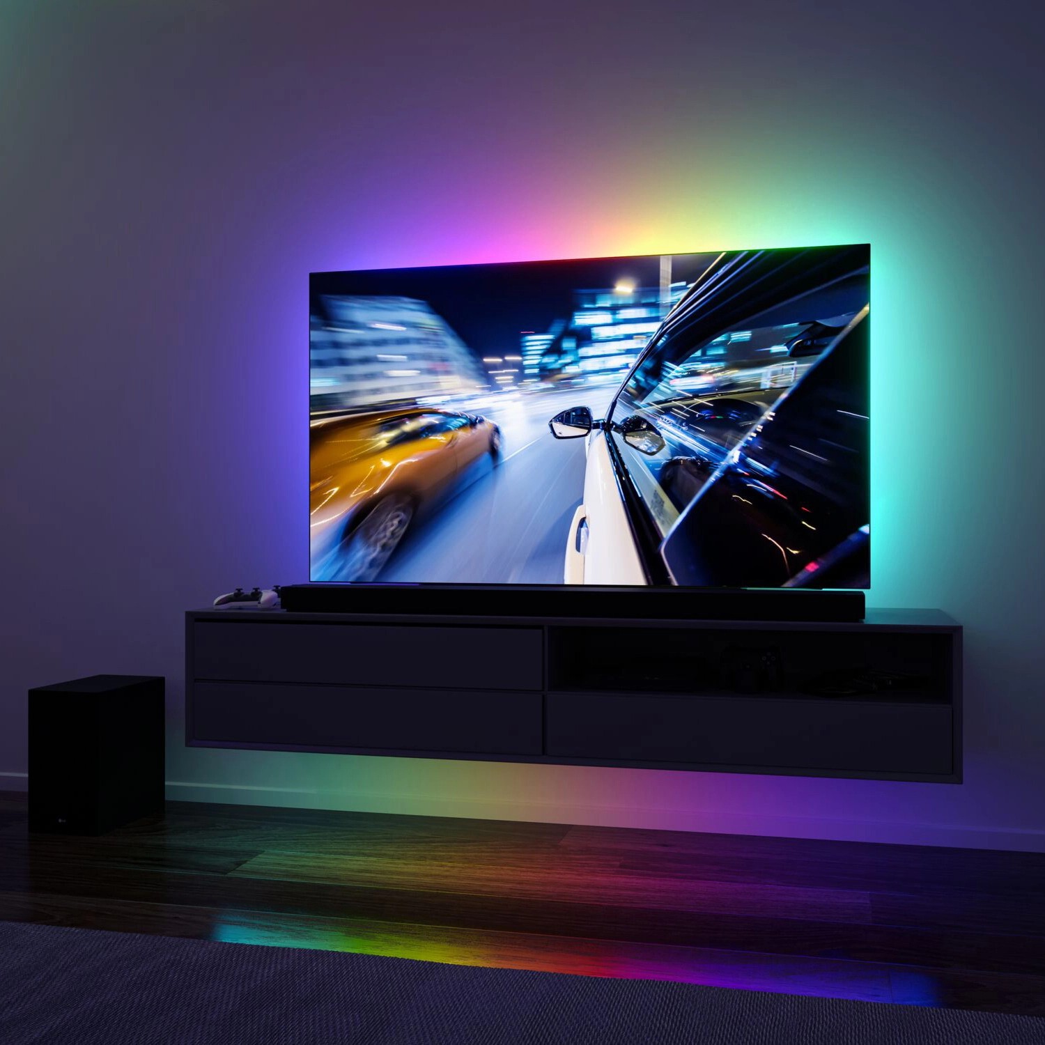 Paulmann EntertainLED: LED-Streifen mit USB für 75-Zoll-Fernseher, indirekte RGB-Beleuchtung.