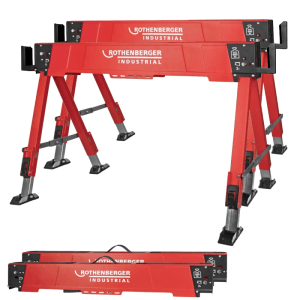 ROTHENBERGER Industrial DUO Falt Arbeitsböcke, rot, höhenverstellbar. Zwei aufgestellt, einer gefaltet. Metall, bis 600 kg.