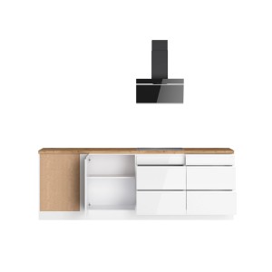 Weiße Held Winkelküche Gera mit E-Geräten und Wotan Arbeitsplatte, inklusive Dunstabzugshaube.