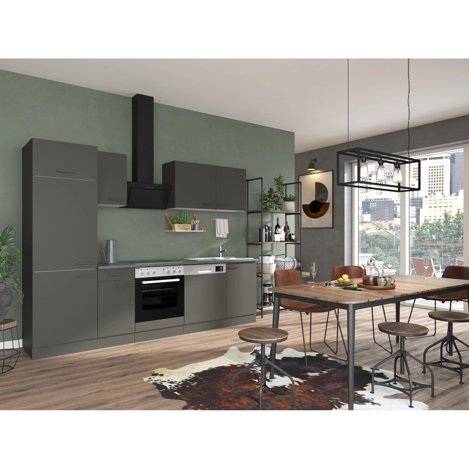 Moderne OPTIFIT Madrid420 Küchenzeile, 270 cm, in Anthrazit ohne E-Geräte.