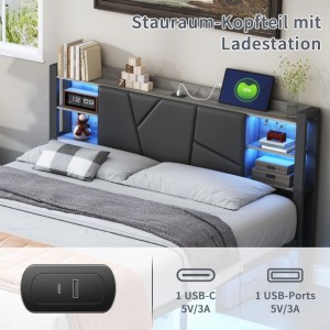 Schwarzes Eisenholzbett 160x200 mit Schubladen, USB-Ladefunktion und Stauraum-Kopfteil.