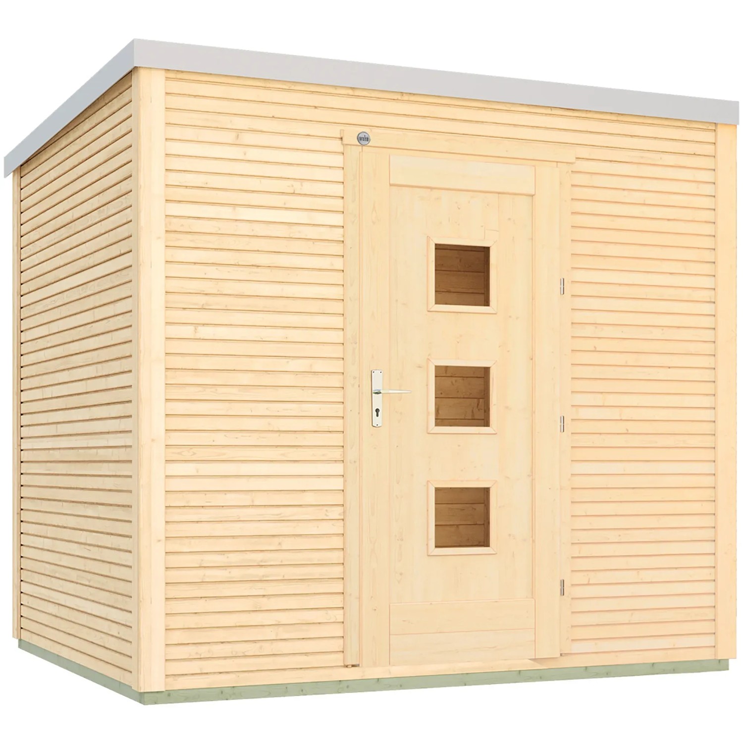 Weka Holz-Gartenhaus wekaLine 413, 6,3 m², naturbelassen mit Tür und drei Fenstern.