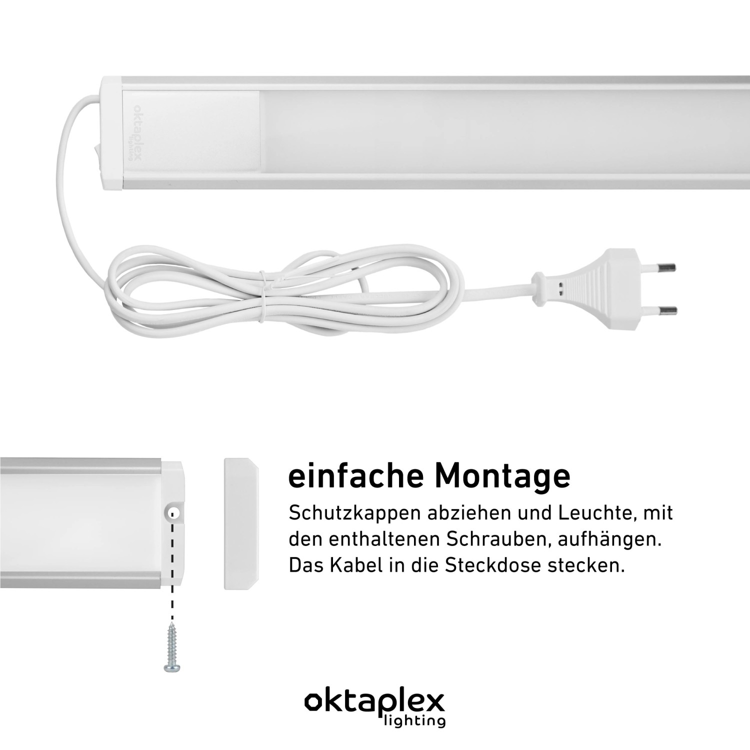 Oktaplex LED Unterbauleuchte, 57,5cm, neutralweiß, mit Schalter und Montagehinweis.