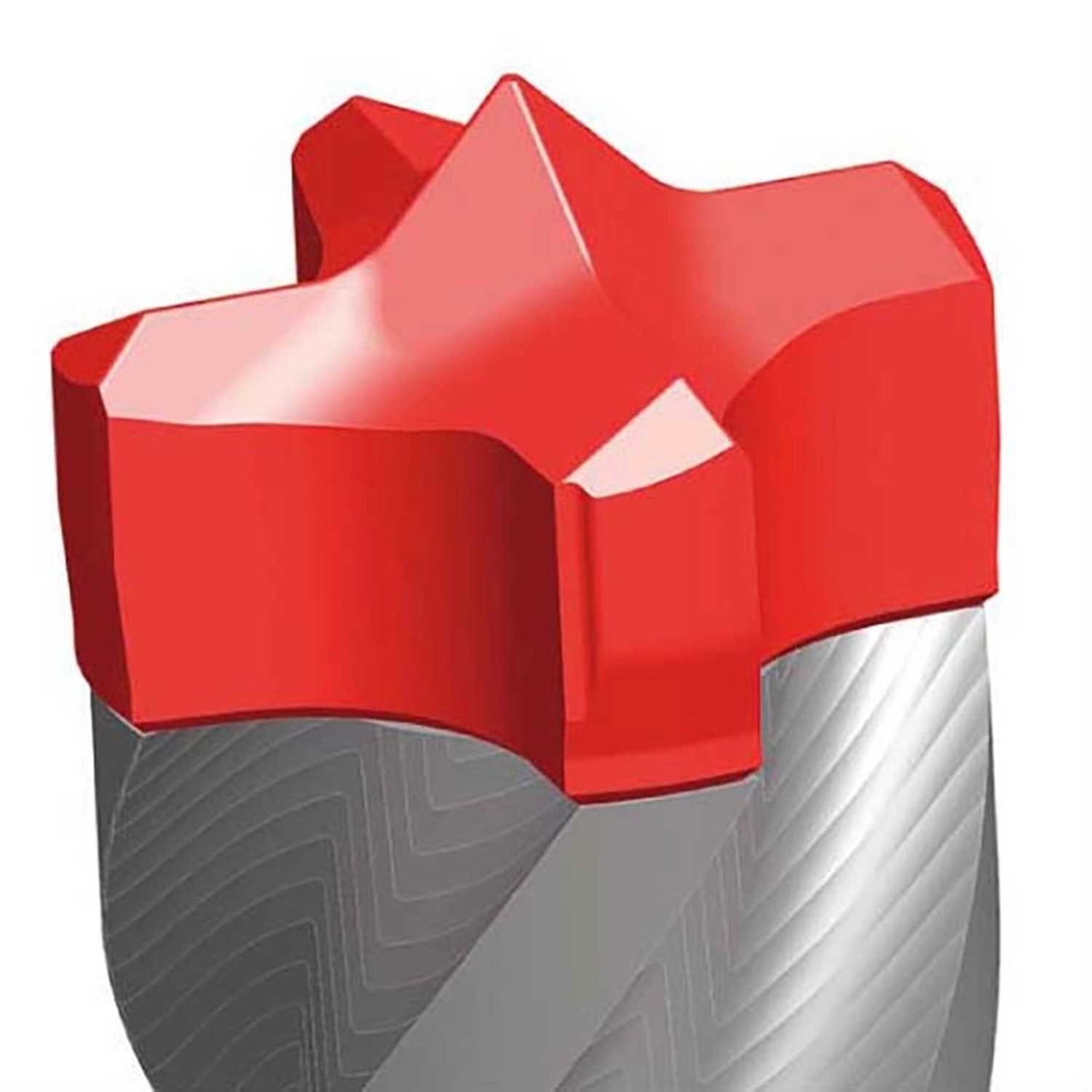 Detailaufnahme des roten 4-Schneider-Vollkopfes eines Bosch SDS-plus-7X Bohrers.