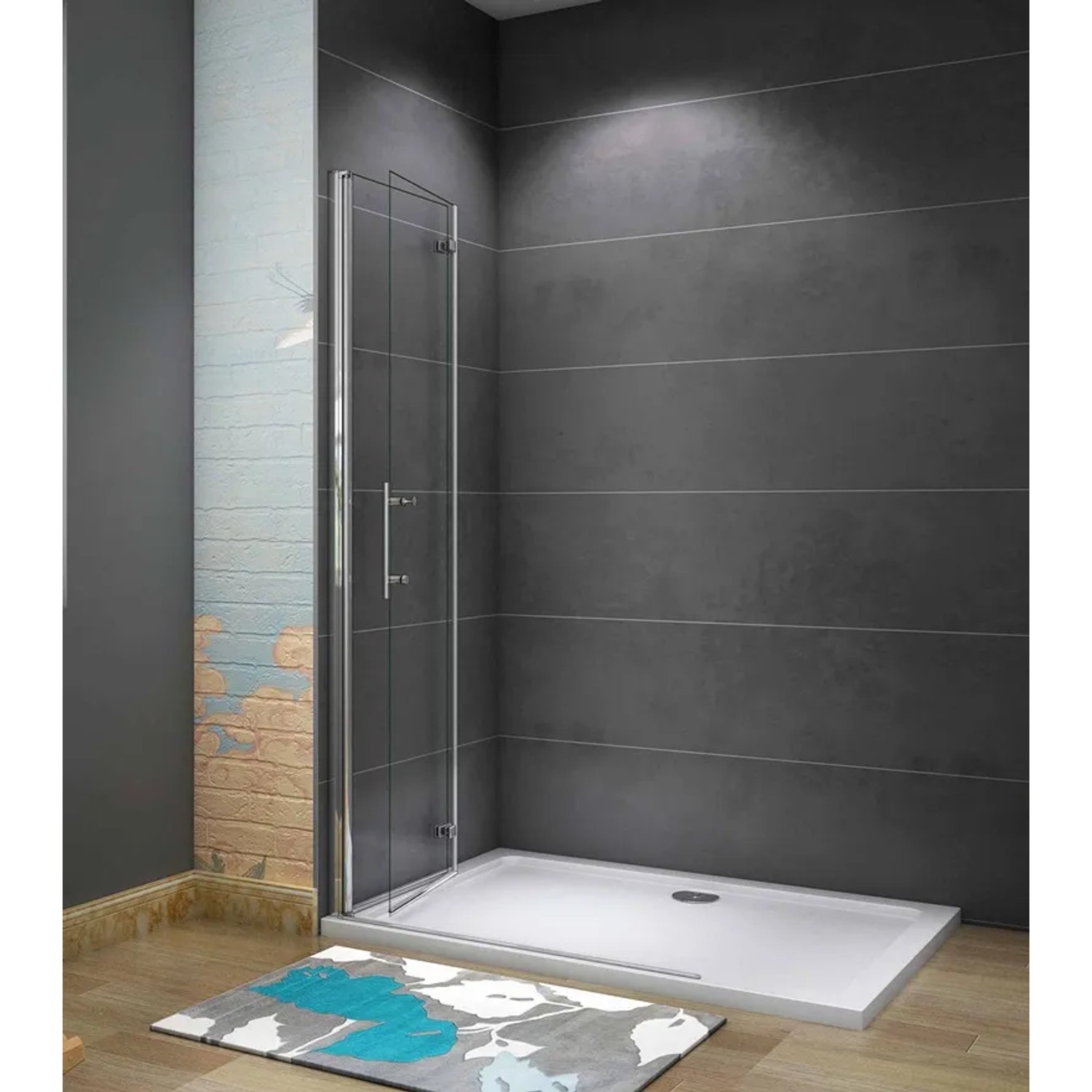 Walk-In Dusche 90x185cm mit Falttür und Nano-Glas auf Duschwanne.