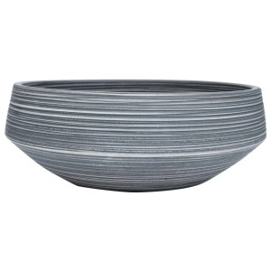 Graues, rundes Aufsatzwaschbecken (Ø41x14 cm) aus Keramik mit horizontalem Muster.