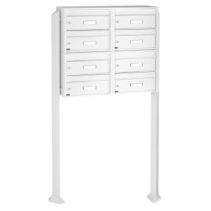 Weißer Burg Wächter Standbriefkasten für 8 Parteien mit Namensschild.