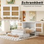 Weißes Merax Schrankbett 140x200cm mit Rattan-Fronten, Klappfunktion und Stauraum-Schubladen. Modernes Wandbett.