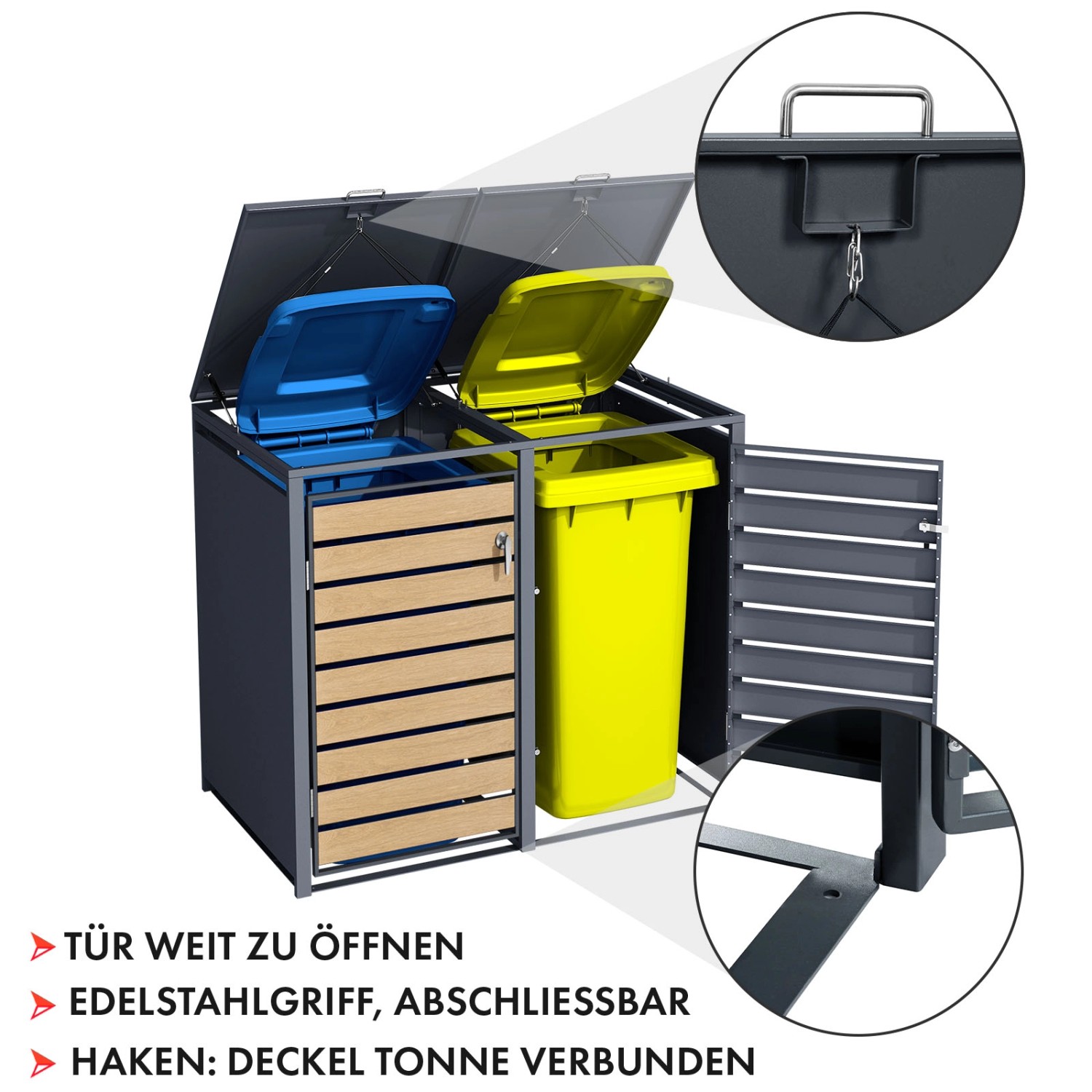 KARAT Mülltonnenbox Johan für 2 Tonnen, Edelstahlrahmen, Holzdekor, 132x80x116 cm.