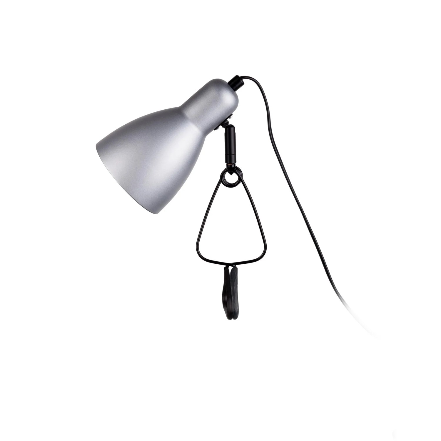 Silberne Näve Klemmleuchte Mara, 28 cm hoch, mit schwarzem Kabel und Klemme.